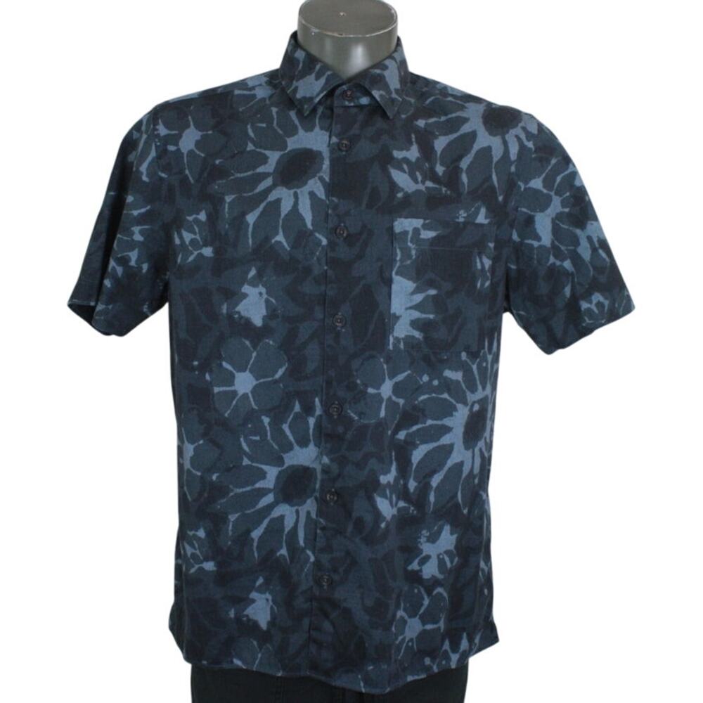 TED BAKER Shirt Mens Medium Blue Ikat Print Button Up Cotton Summer